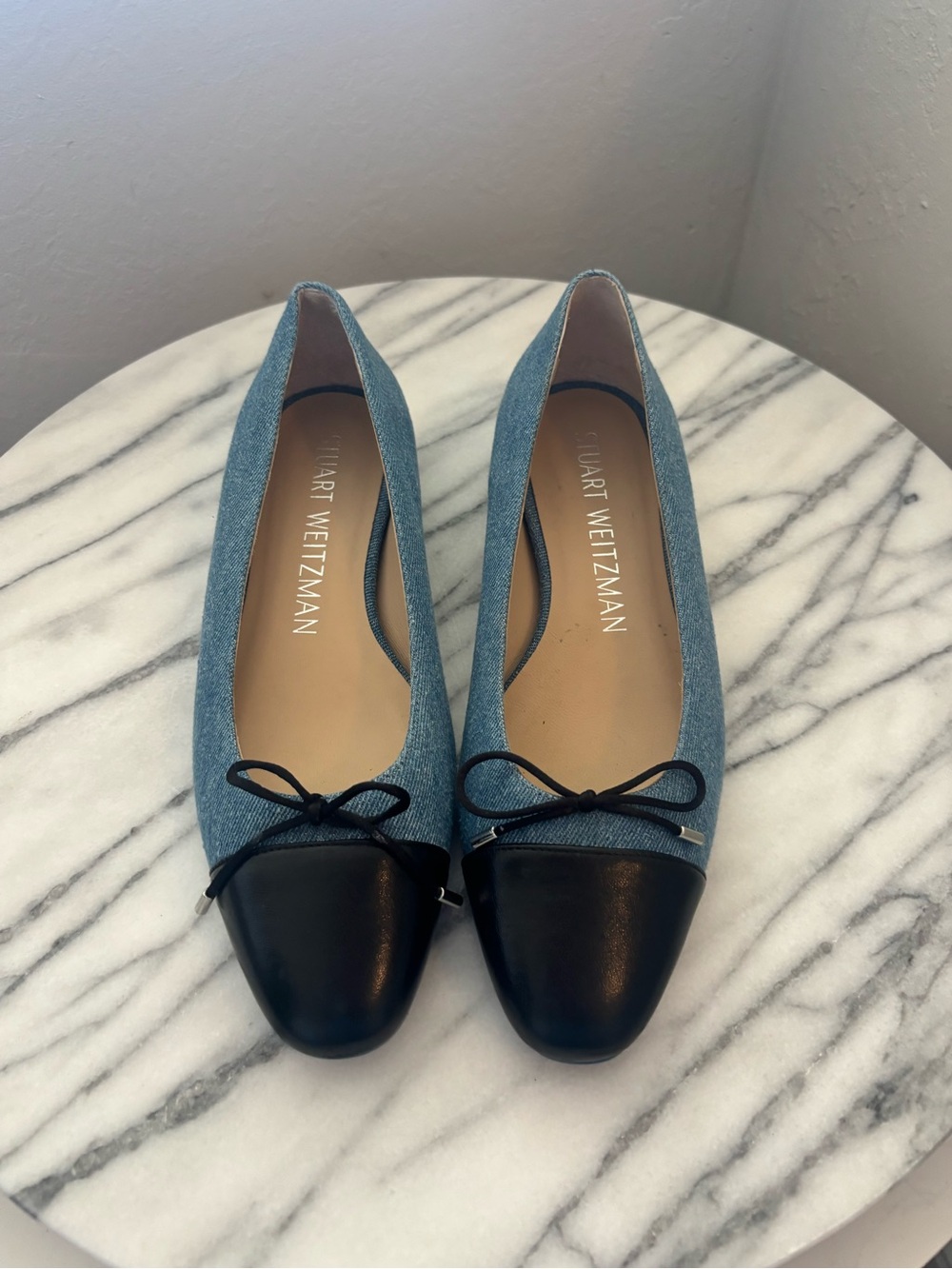 Stuart Weitzman Denim Blue Ballet Flats with Black Cap Toe